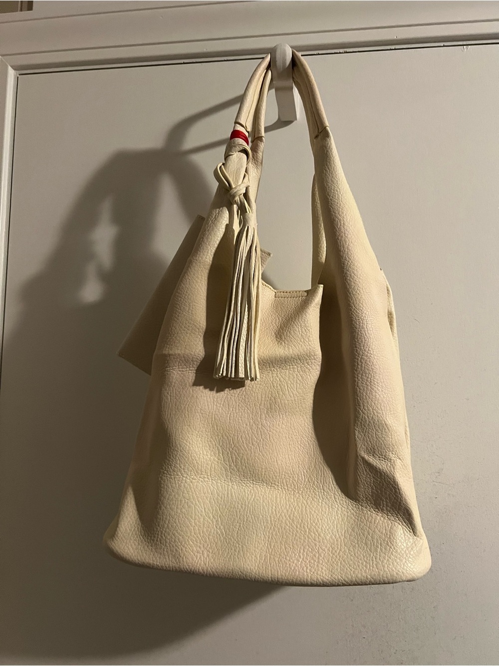 Cream faux Leather Tassel Hobo Bag - Women's Shoulder Tote with coin accessory